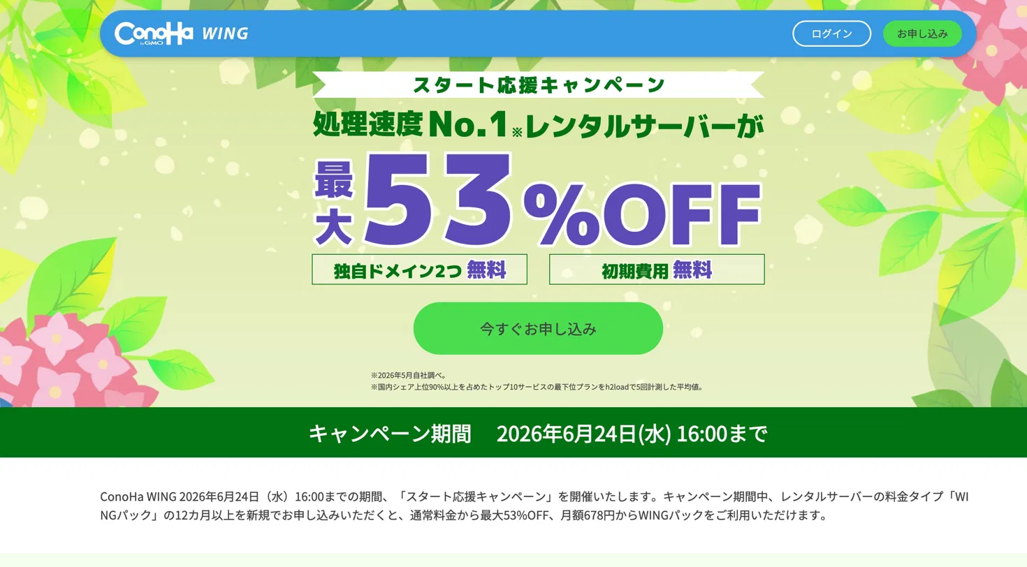 ConoHa WING スタート応援キャンペーン 53%OFFの画面