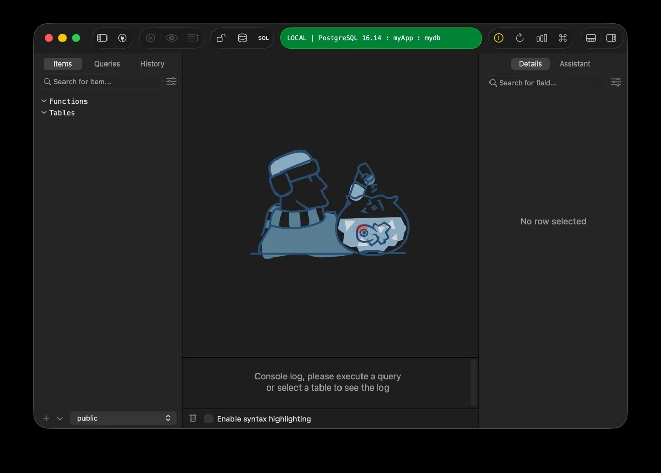 TablePlusでNAS上のPostgreSQLに接続成功した画面。LOCAL | PostgreSQL 16.14 : myApp : mydbと表示されている