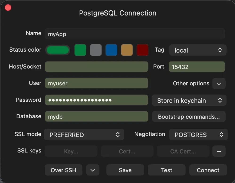 TablePlusのPostgreSQL接続設定画面。Host/SocketにNASのIPアドレス、Portに15432、UserにmyuserとDatabaseにmydbを入力した状態