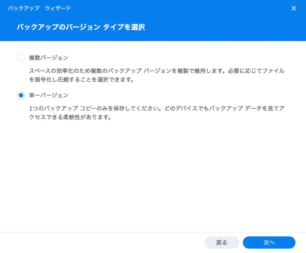 バージョン タイプの選択画面。「単一バージョン」を選択している